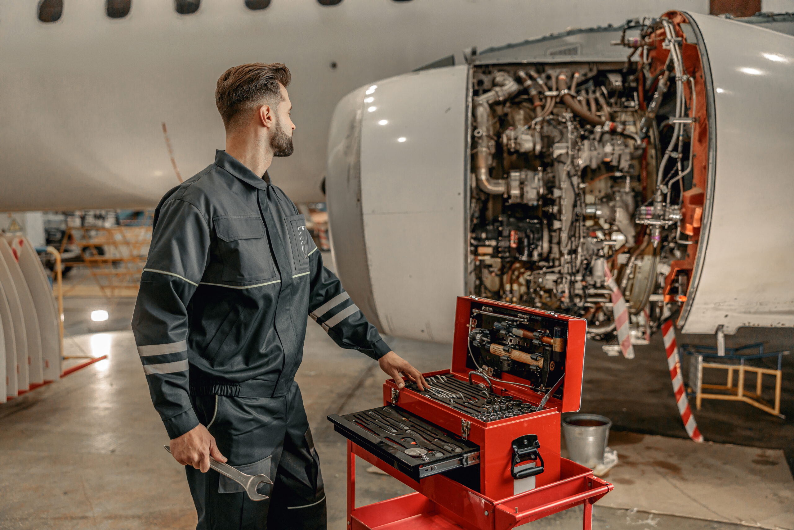 Aircraft maintenance professional working in a hangar