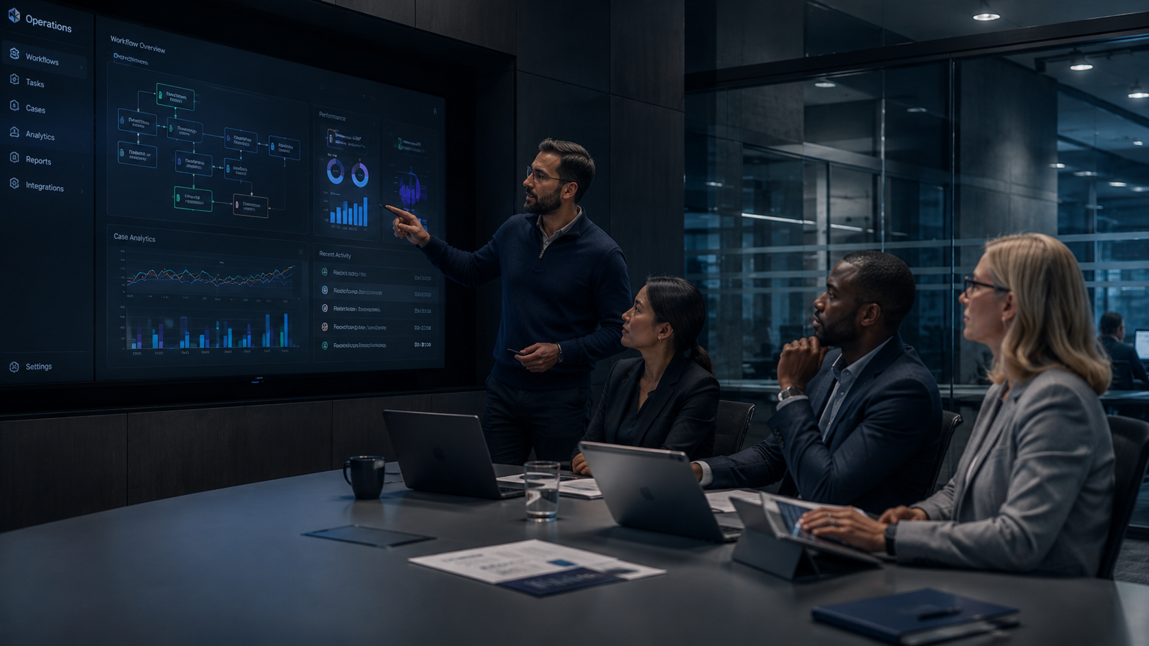 Business team reviewing dashboards and operational data