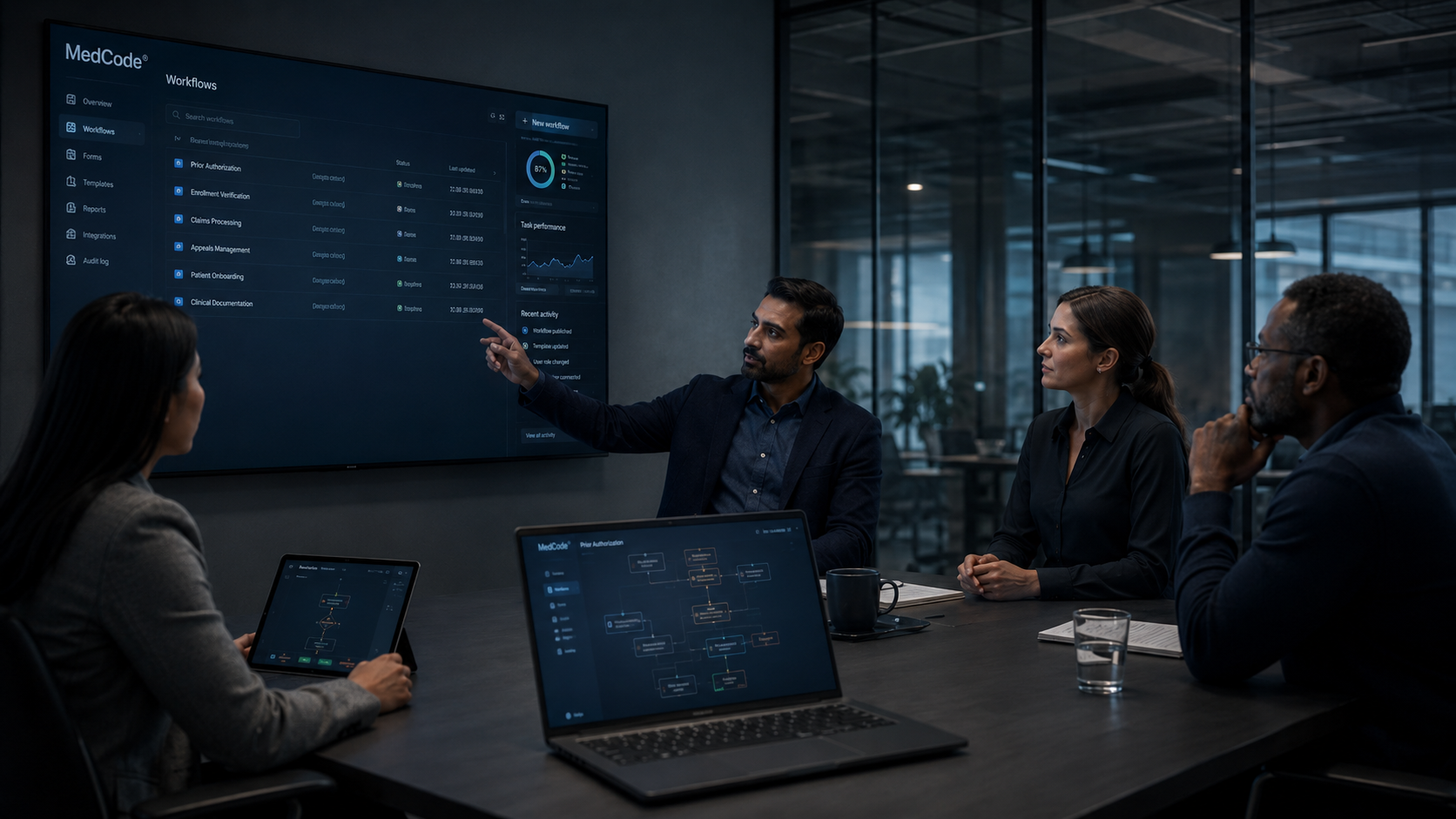 Operations team reviewing workflow dashboards and connected systems