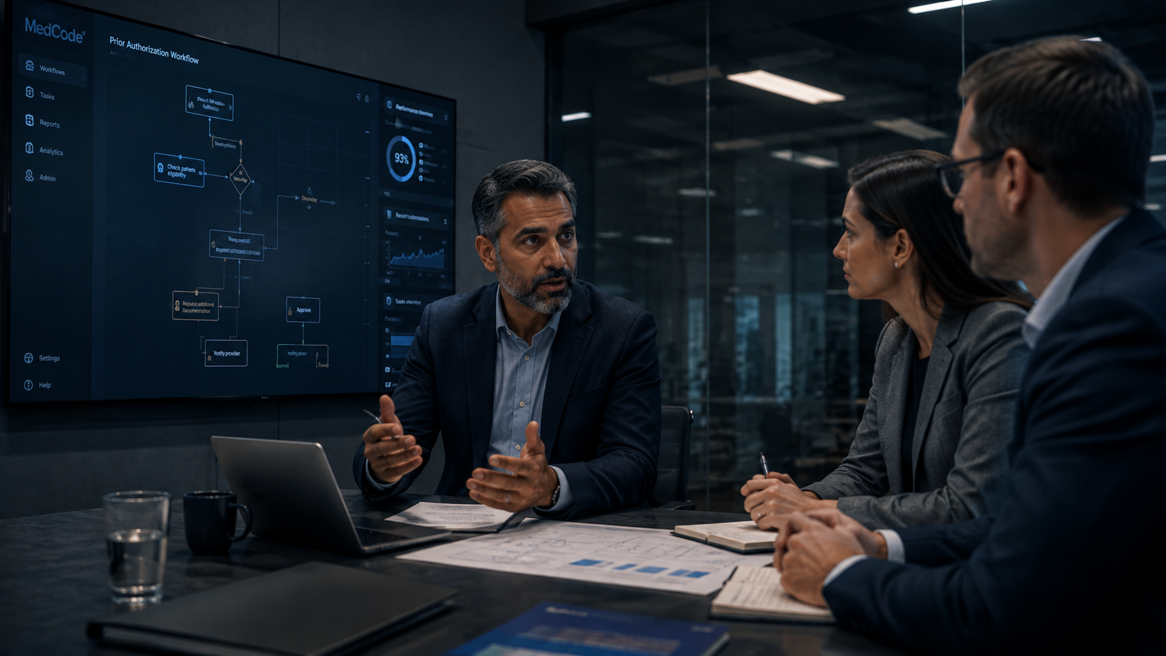Technology consultant discussing workflow strategy with business leaders
