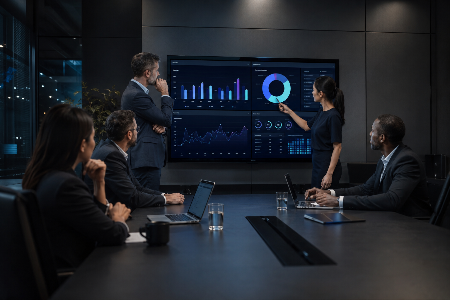 Business team reviewing dashboards, analytics, and operational performance