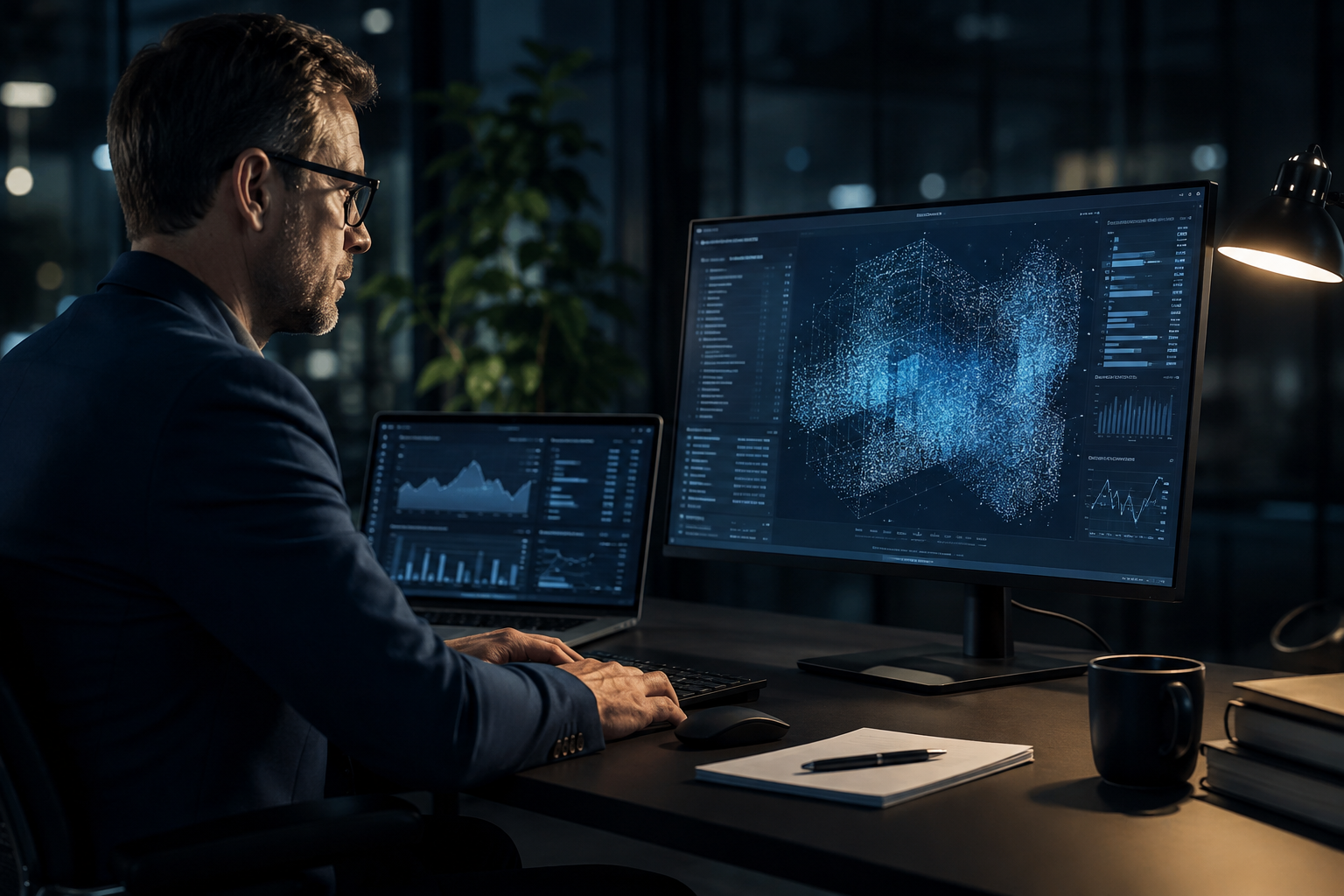 Technology professional reviewing databases, analytics, and connected data