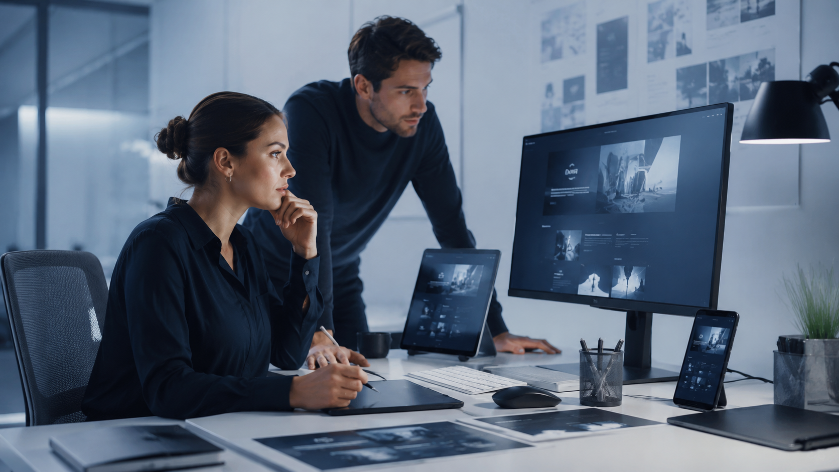Design professionals reviewing a modern website and digital experience across devices