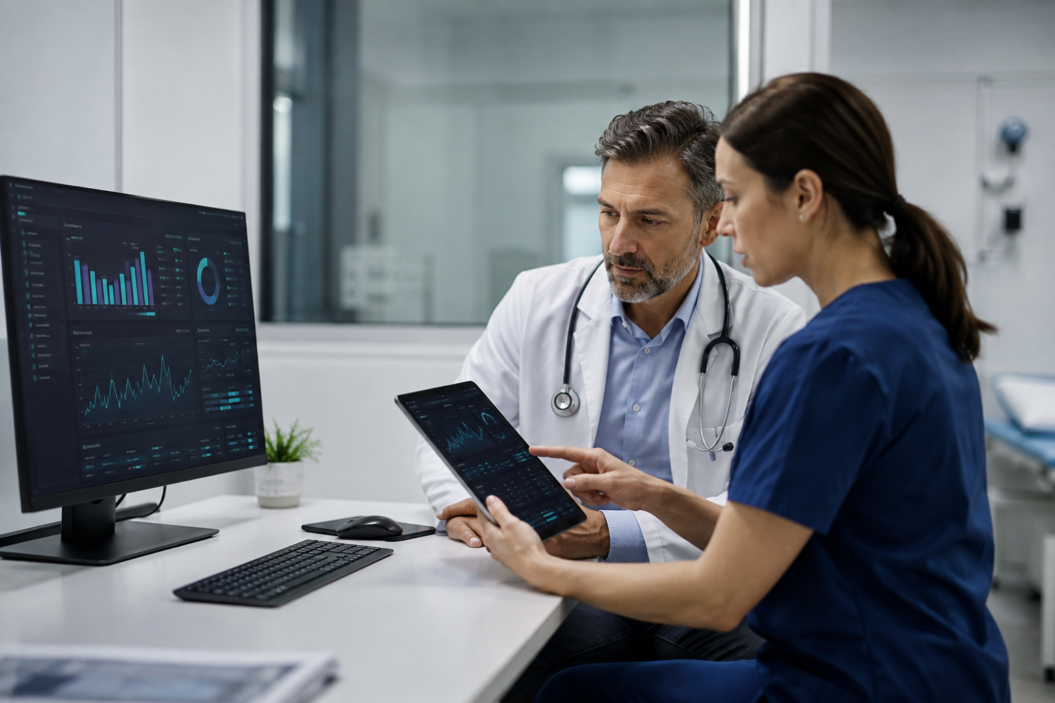 Healthcare professionals reviewing digital health data and operational reporting