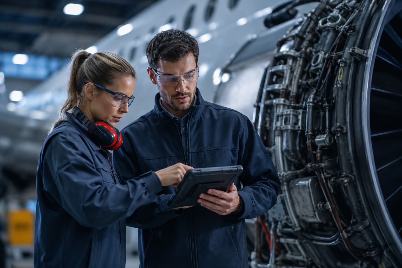 Aircraft maintenance professionals reviewing digital work orders and engine information
