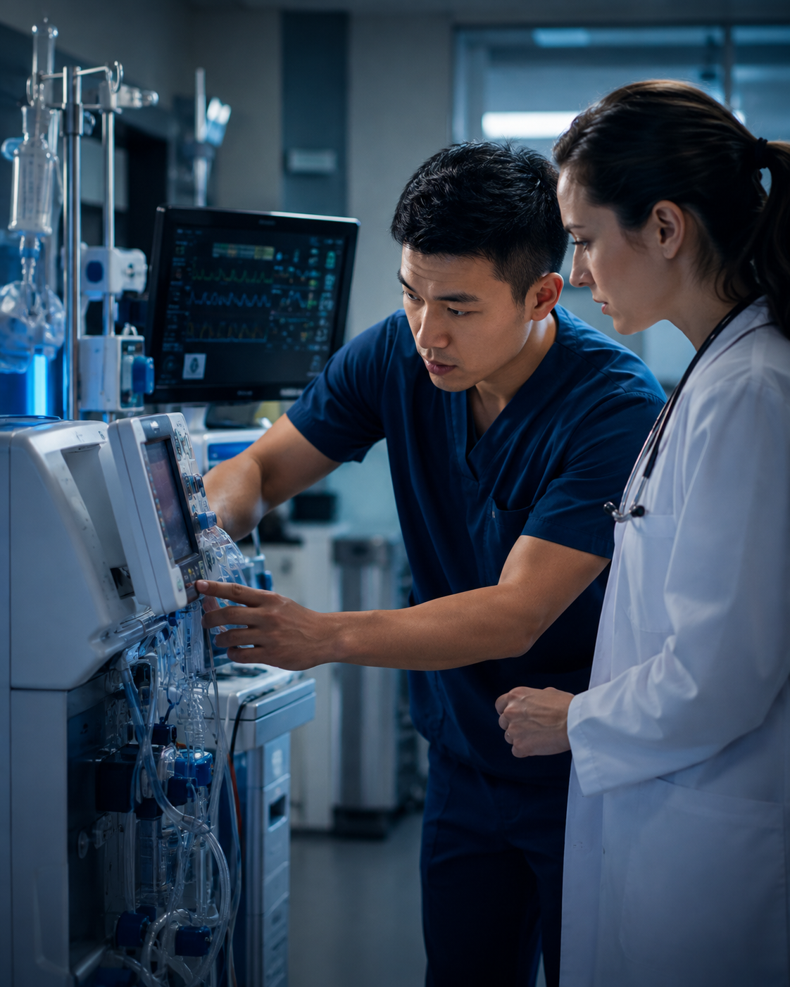 Clinical team reviewing connected medical equipment and device data