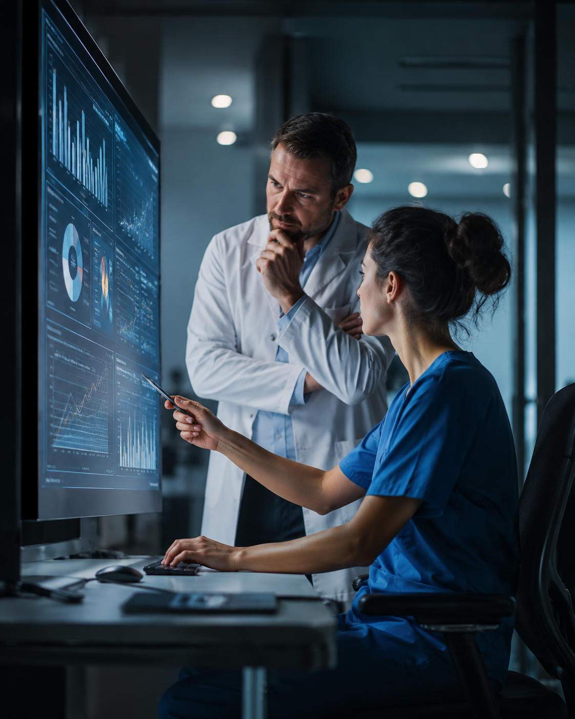 Clinical professionals reviewing healthcare dashboards and reporting data