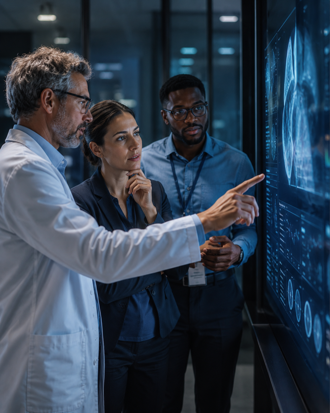 Healthcare and technology professionals reviewing a custom clinical software solution