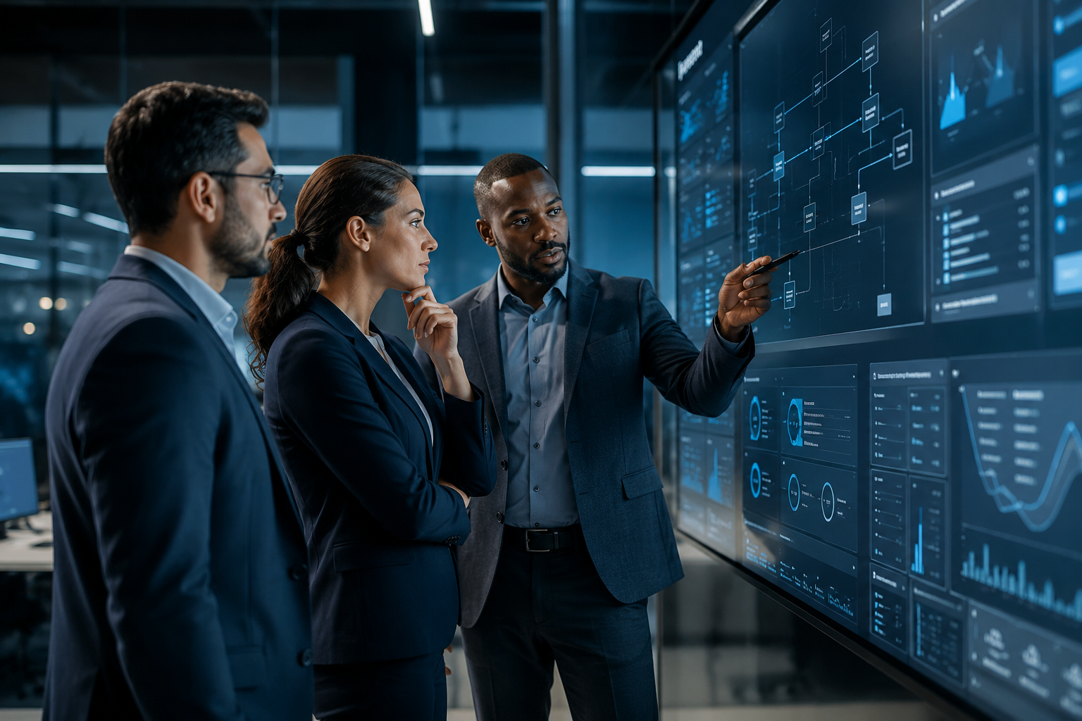 Business technology team reviewing workflow automation and connected processes